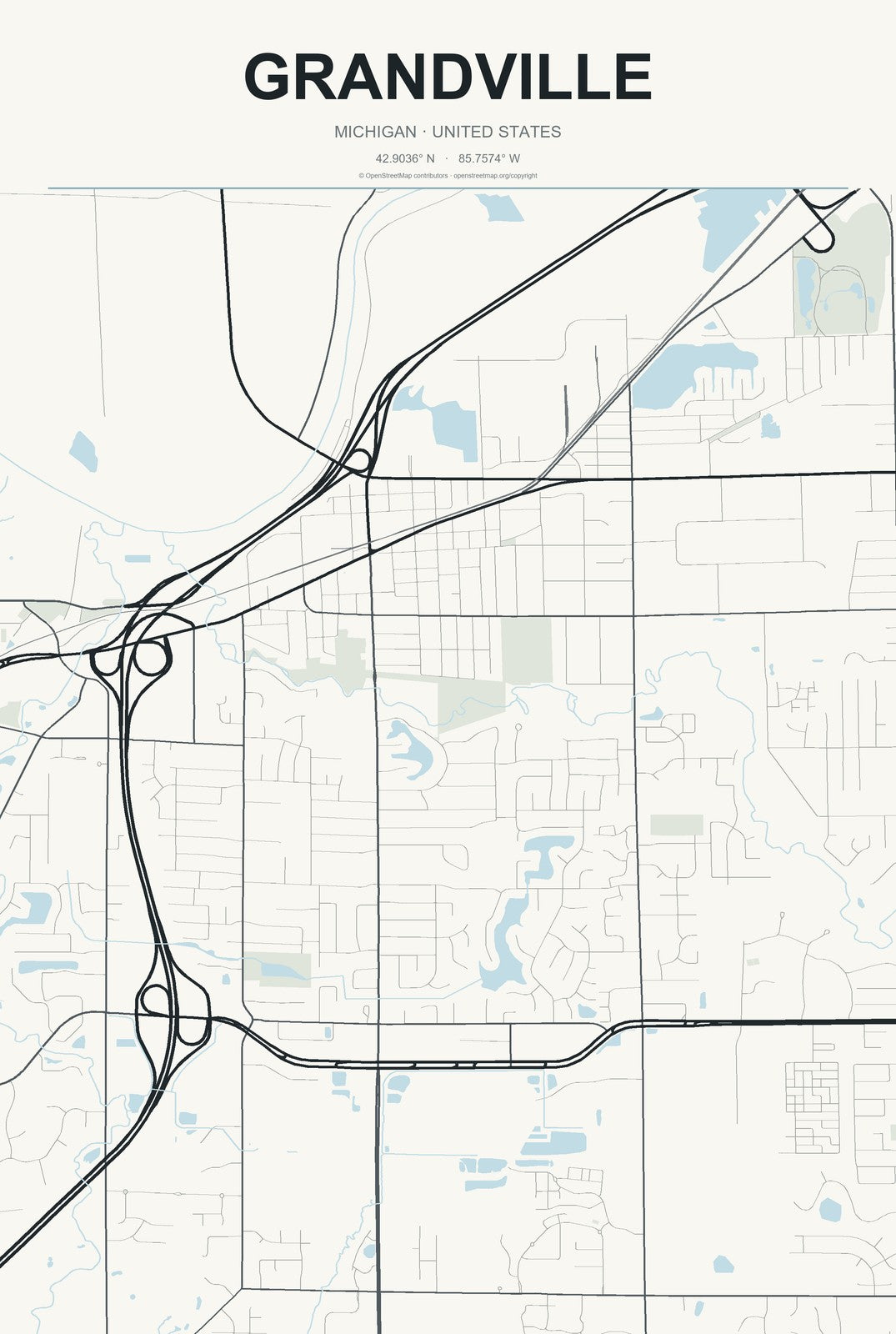 Grandville, Michigan City Map Aluminum Sign in Headline Atlas style