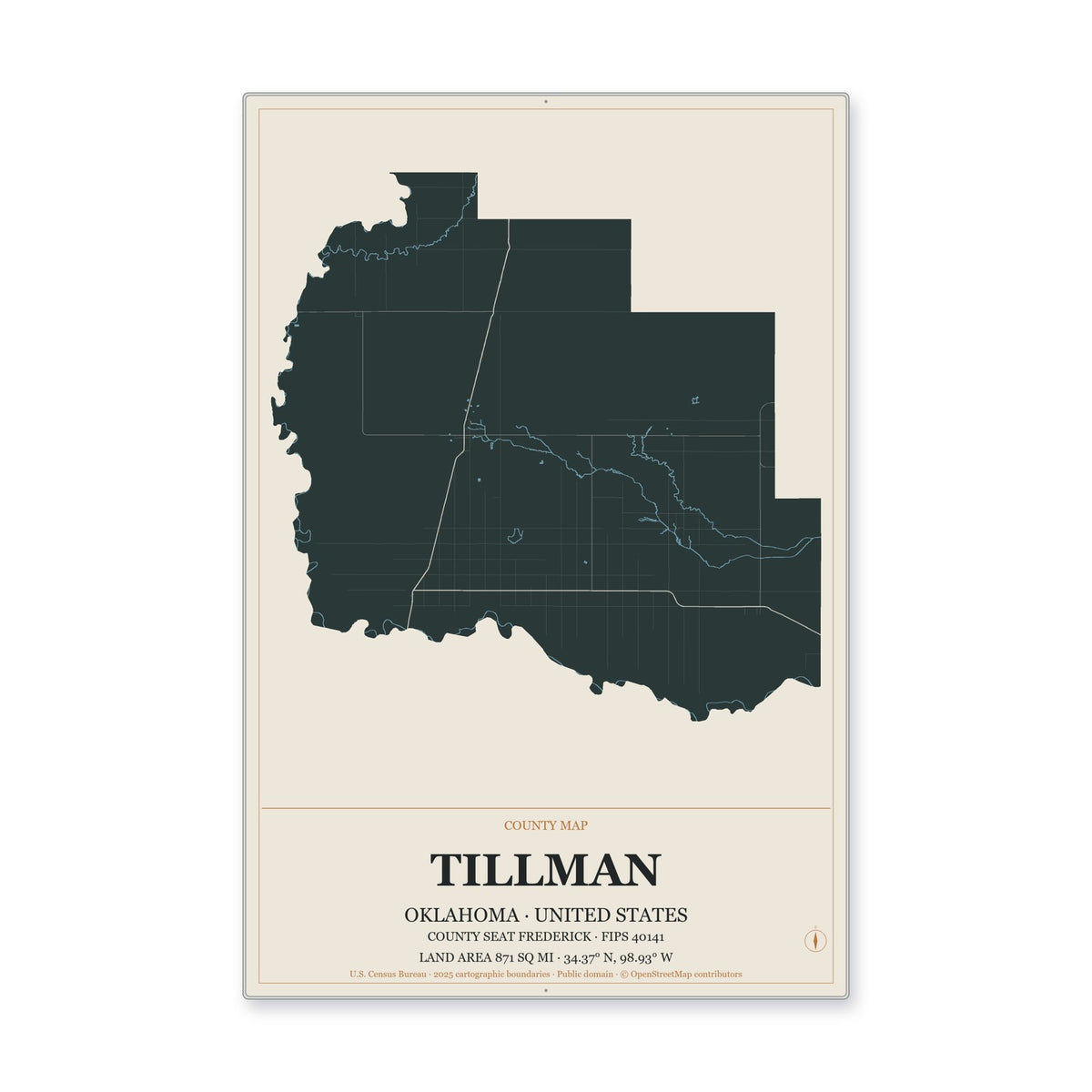 Tillman County, Oklahoma Map Aluminum Sign in Headline Atlas style