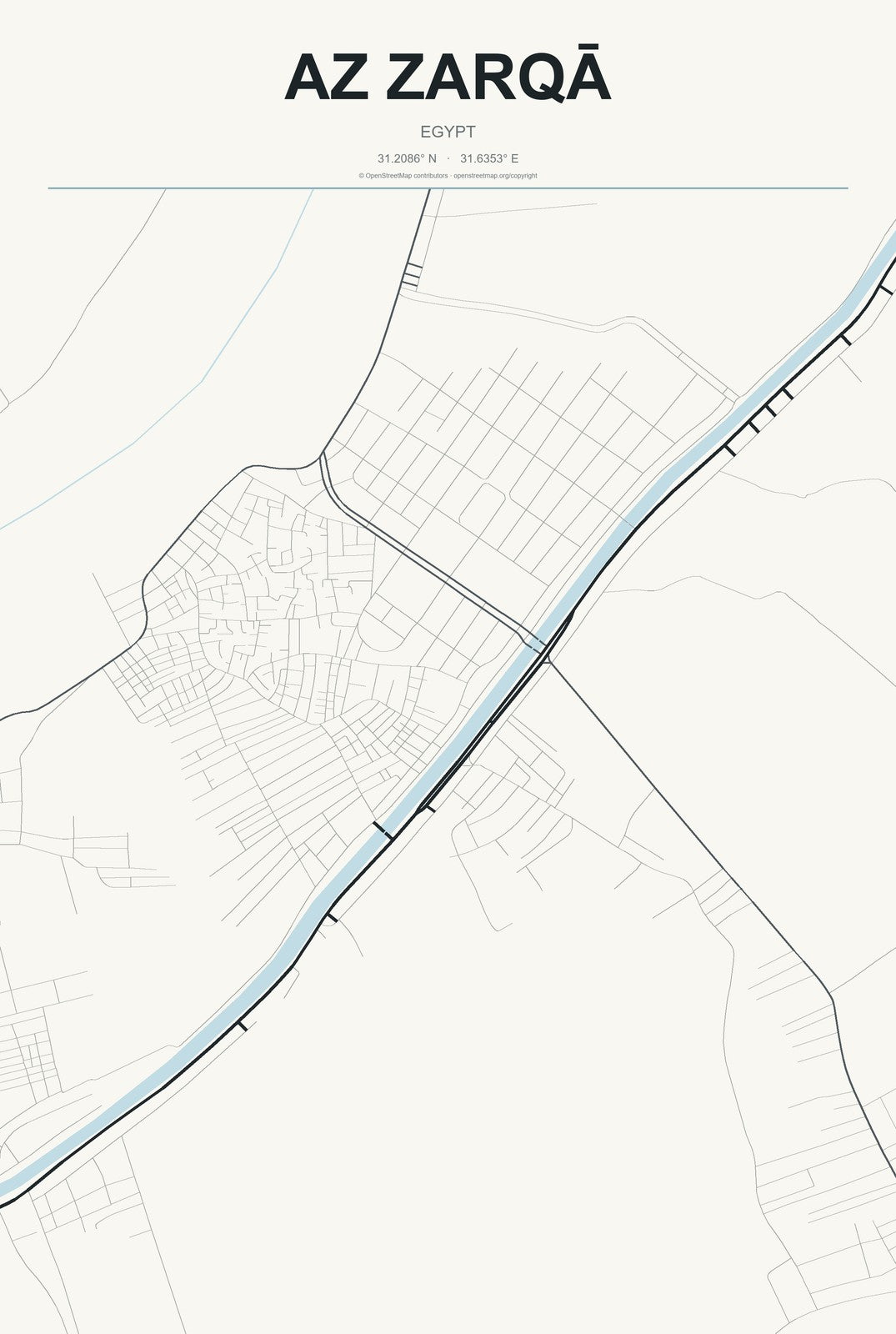 Az Zarqā, Egypt City Map Aluminum Sign in Headline Atlas style