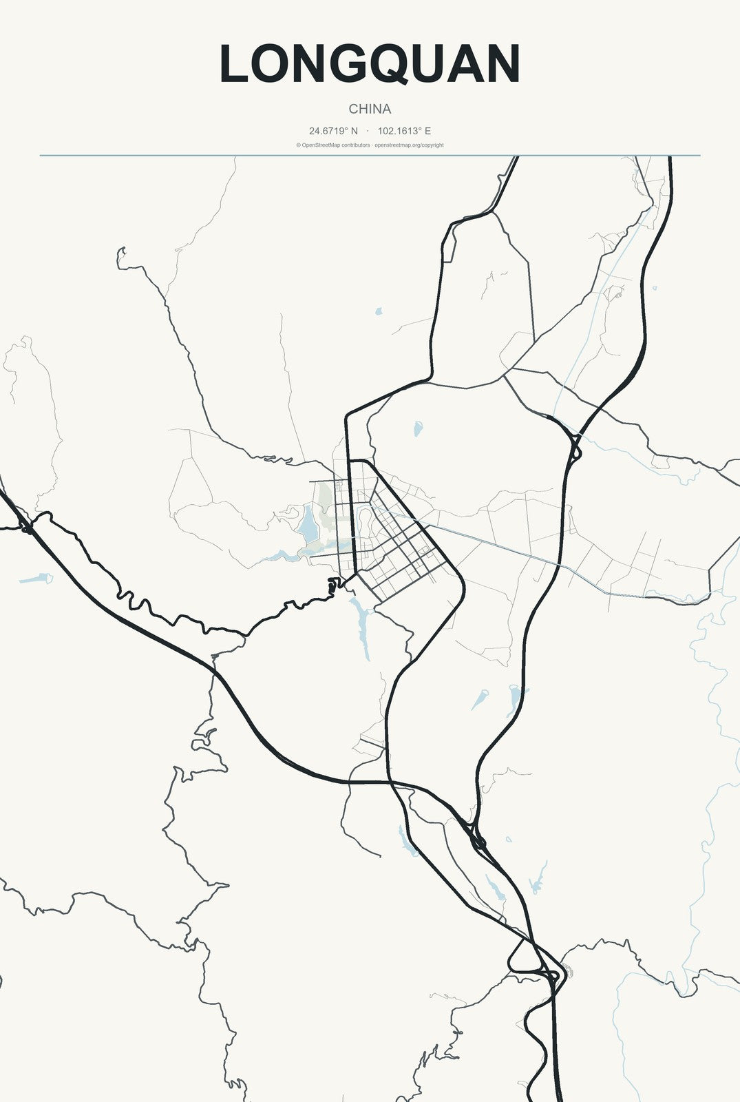 Longquan, China City Map Aluminum Sign in Headline Atlas style
