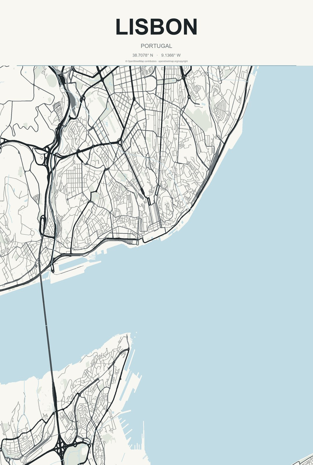 Lisbon, Portugal City Map Aluminum Sign in Headline Atlas style