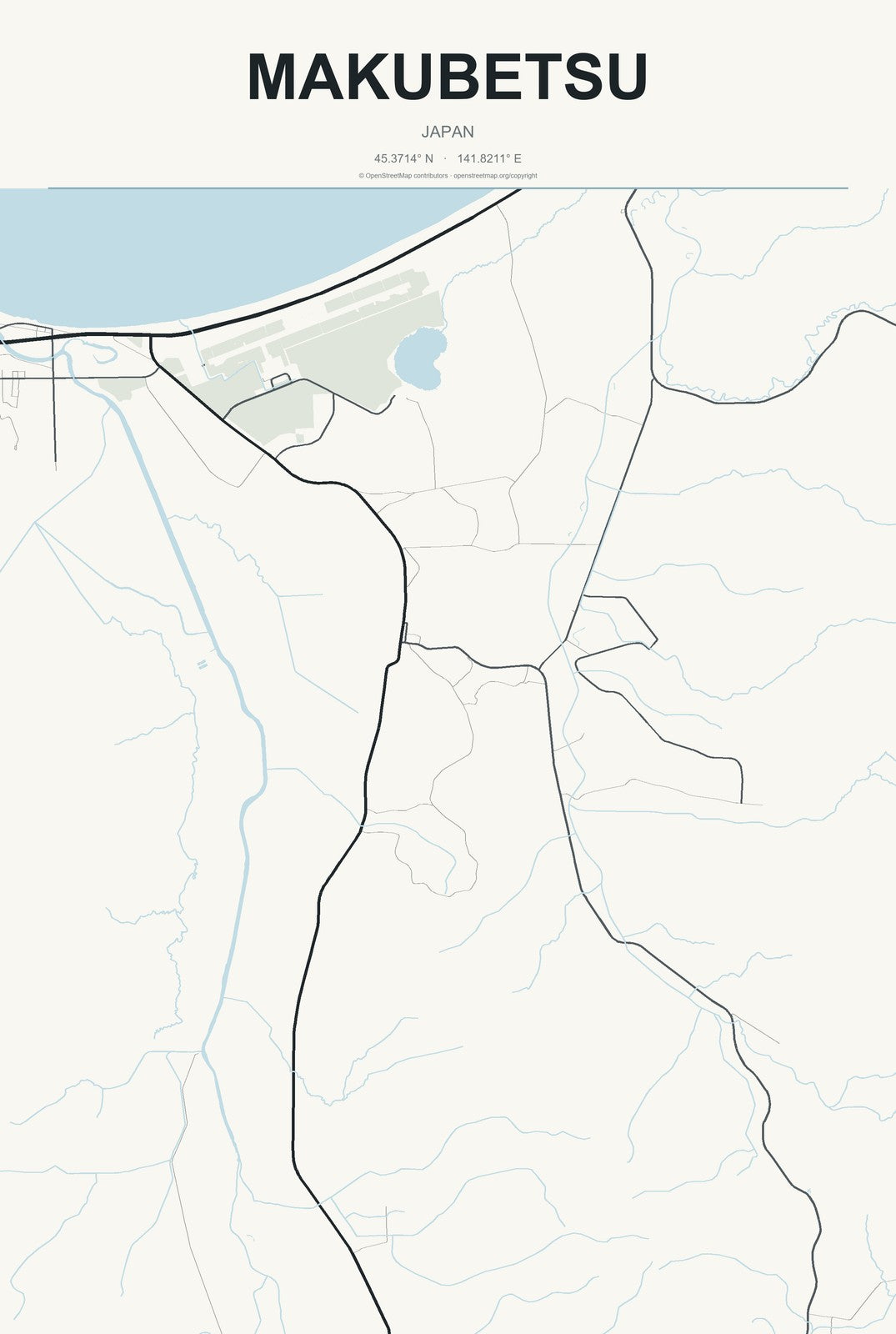 Makubetsu, Japan City Map Aluminum Sign in Headline Atlas style