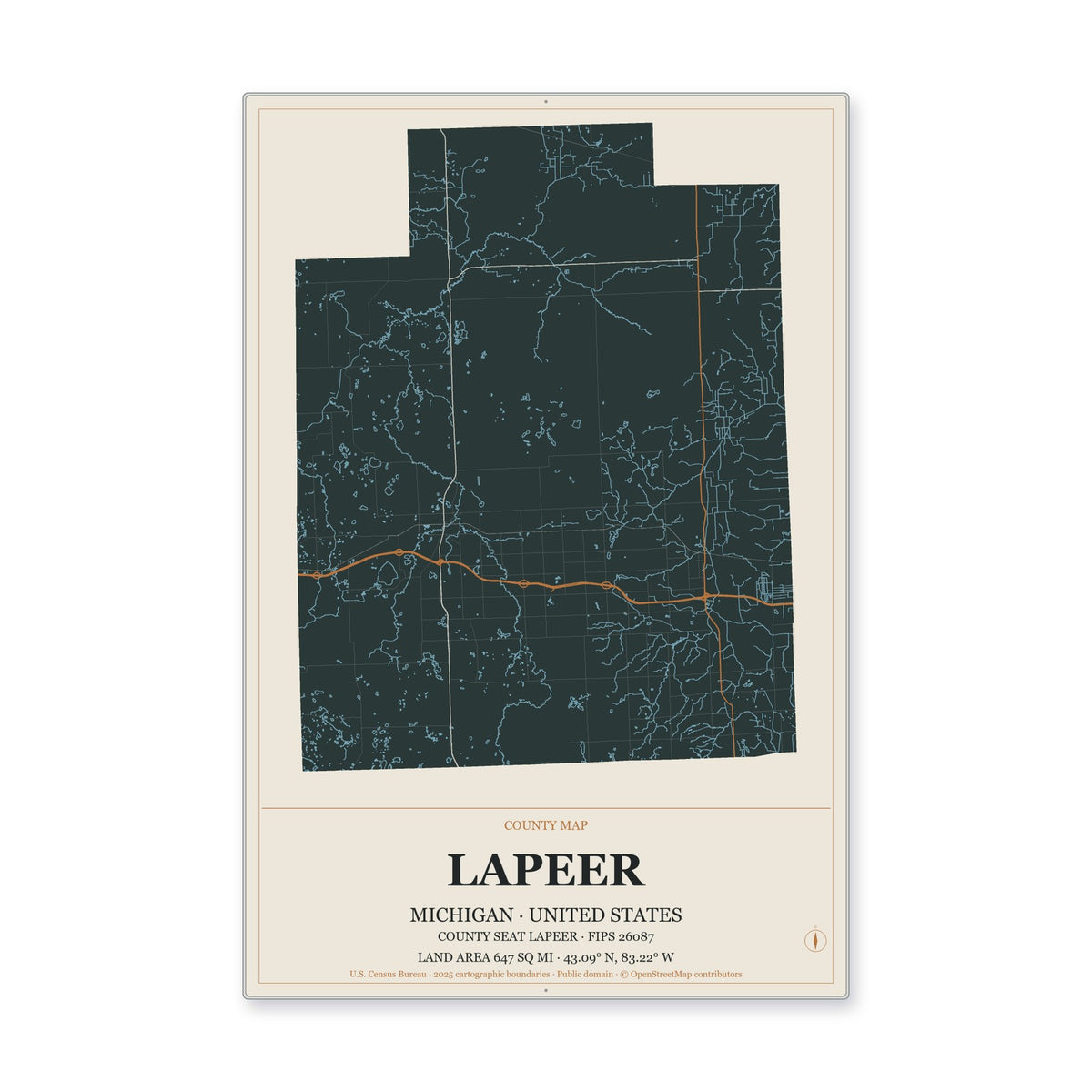 Lapeer County, Michigan Map Aluminum Sign in Headline Atlas style
