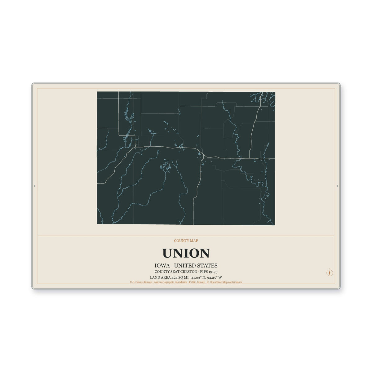 Union County, Iowa Map Aluminum Sign in Headline Atlas style
