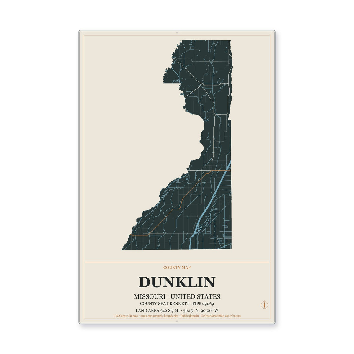 Dunklin County, Missouri Map Aluminum Sign in Headline Atlas style