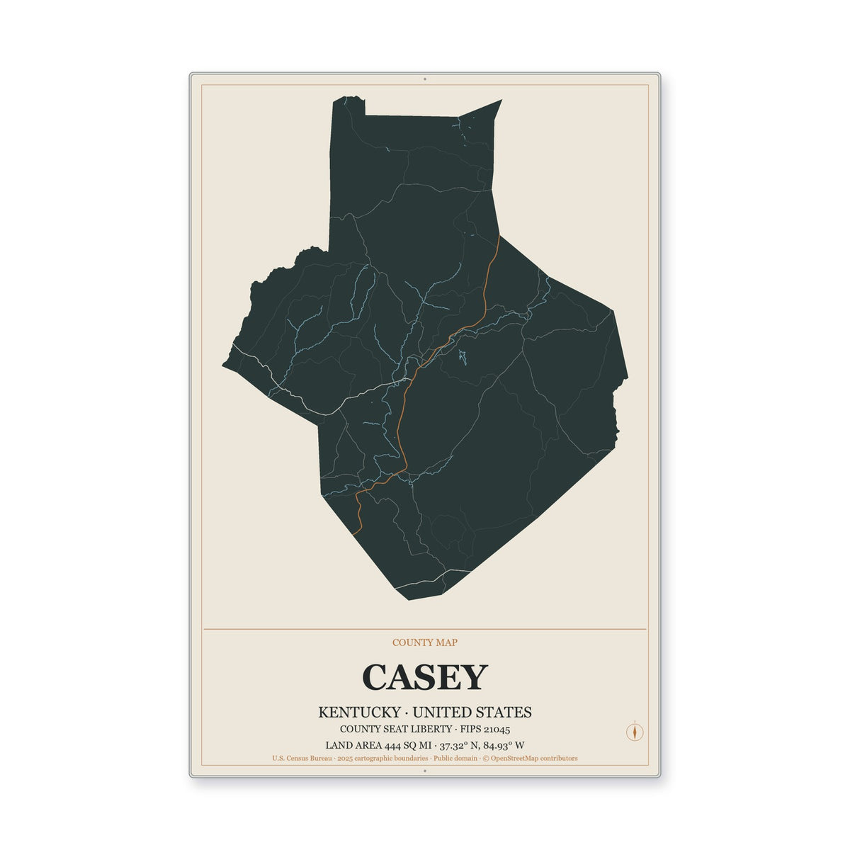 Casey County, Kentucky Map Aluminum Sign in Headline Atlas style