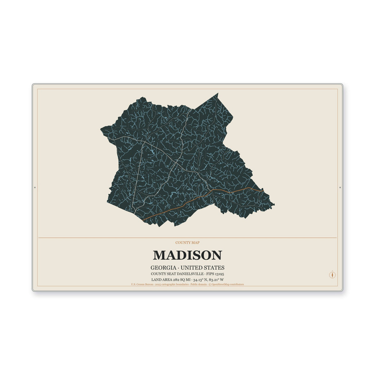 Madison County, Georgia Map Aluminum Sign in Headline Atlas style