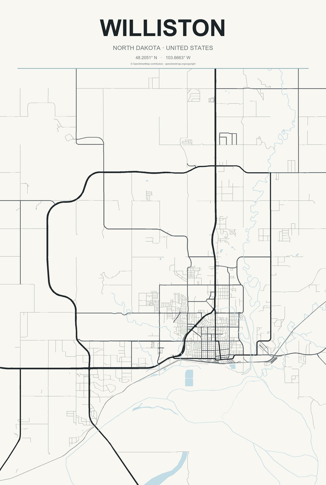 Williston, North Dakota City Map Aluminum Sign in Headline Atlas style