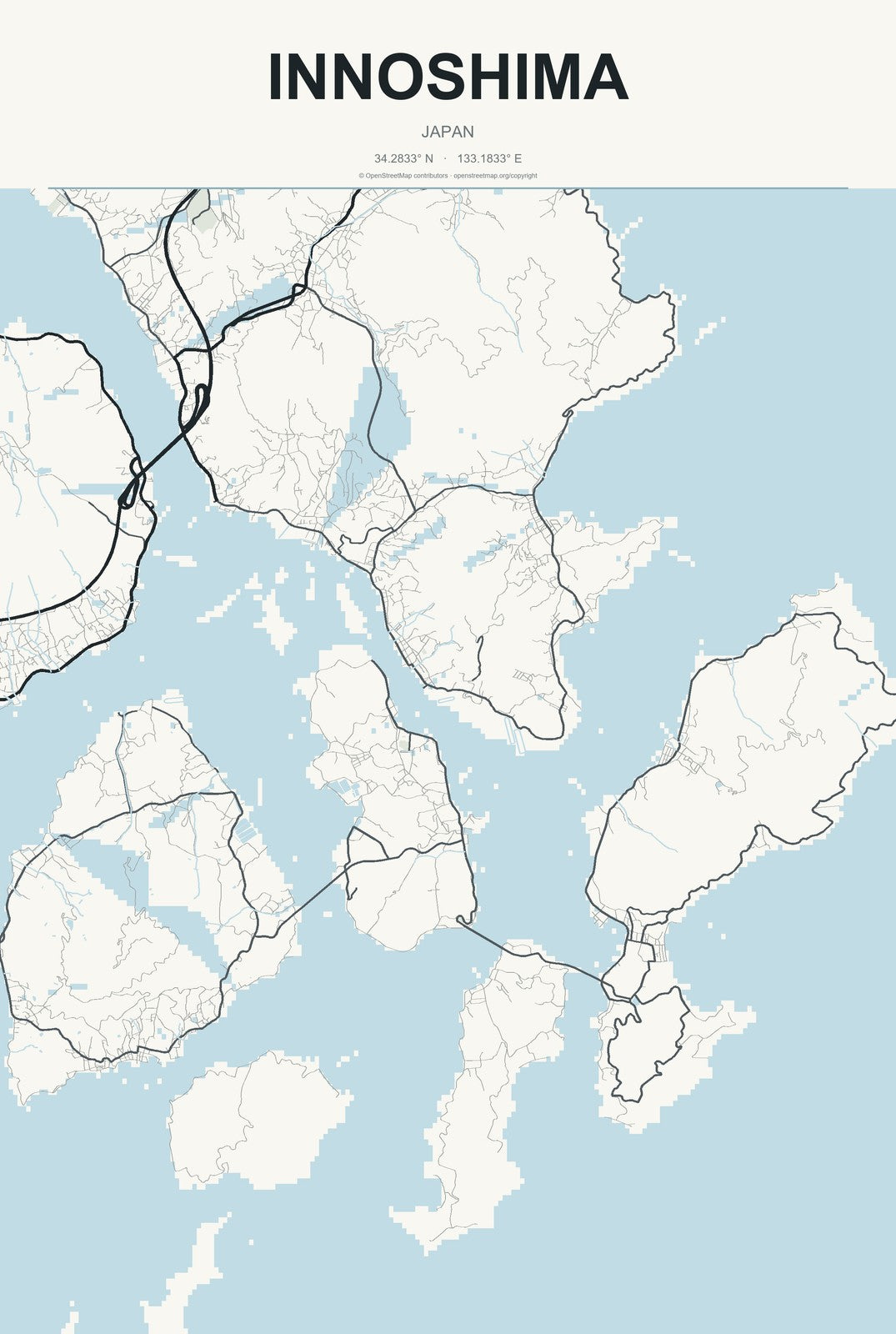 Innoshima, Japan City Map Aluminum Sign in Headline Atlas style