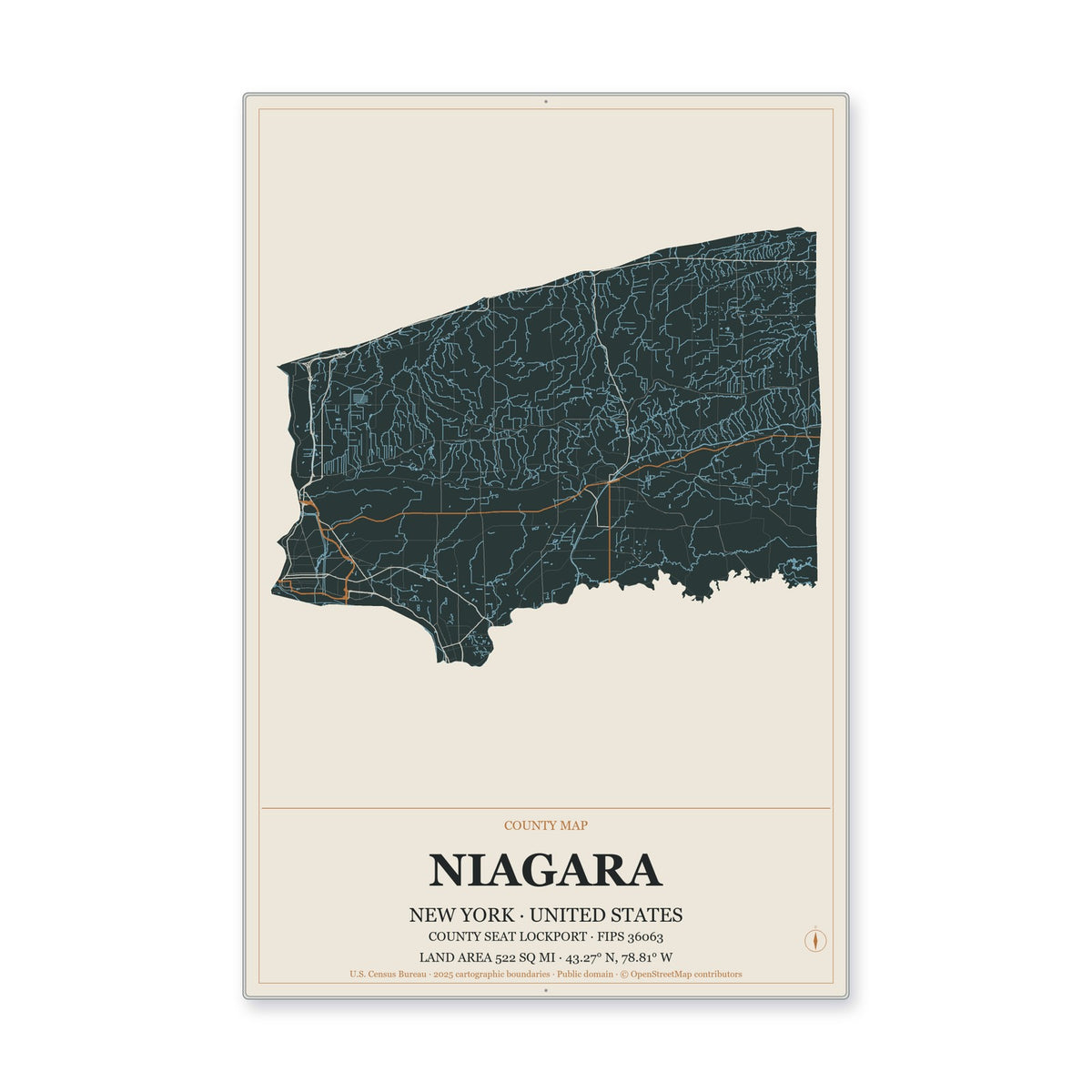 Niagara County, New York Map Aluminum Sign in Headline Atlas style