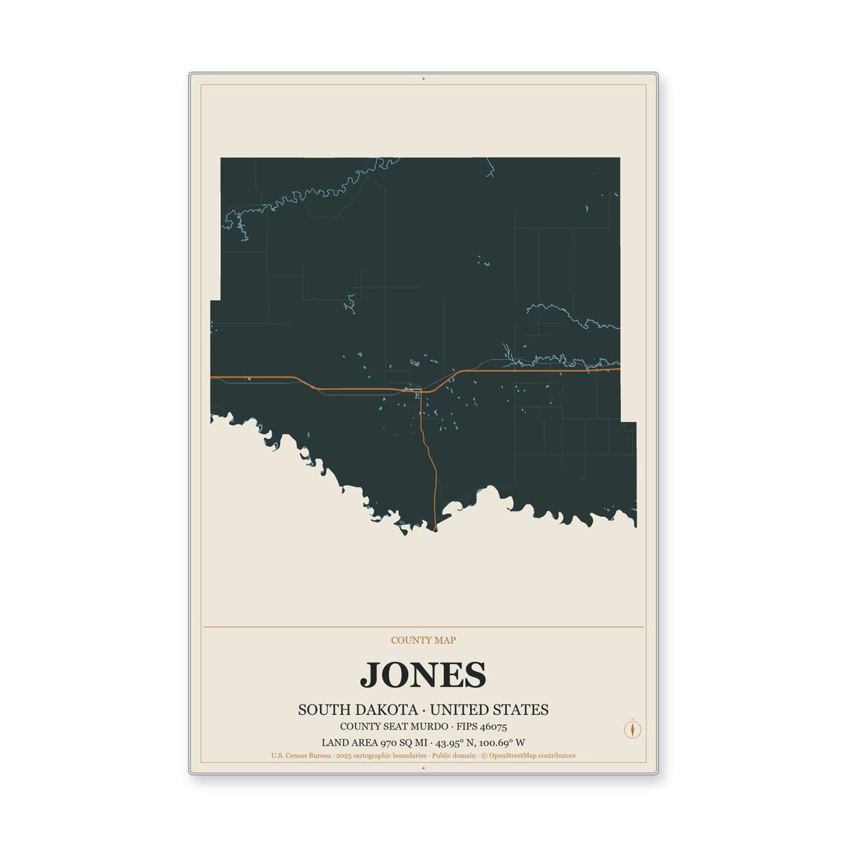 Jones County, South Dakota Map Aluminum Sign in Headline Atlas style