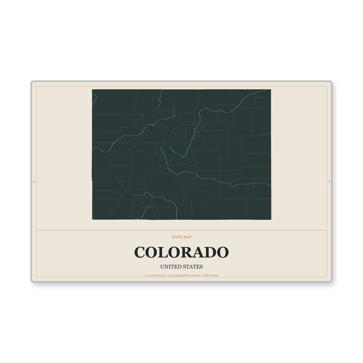 Colorado state map aluminum sign in Headline Atlas style