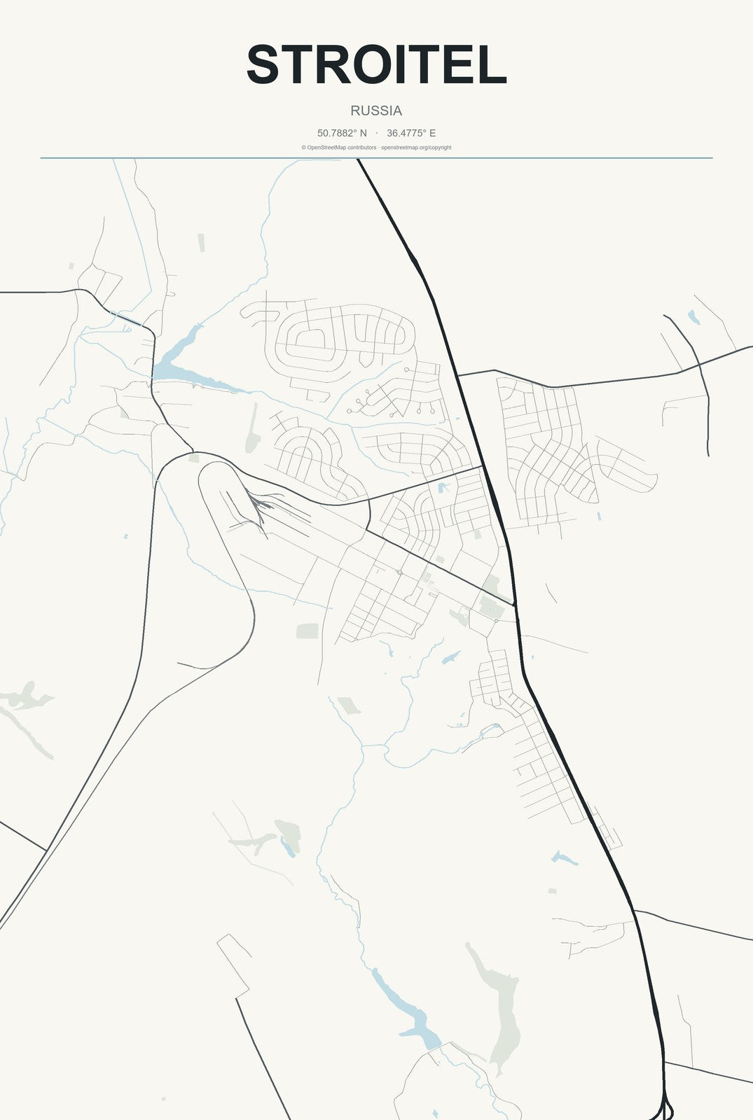Stroitel, Russia City Map Aluminum Sign in Headline Atlas style