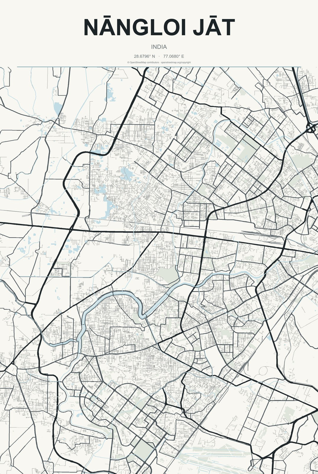 Nāngloi Jāt, India City Map Aluminum Sign in Headline Atlas style