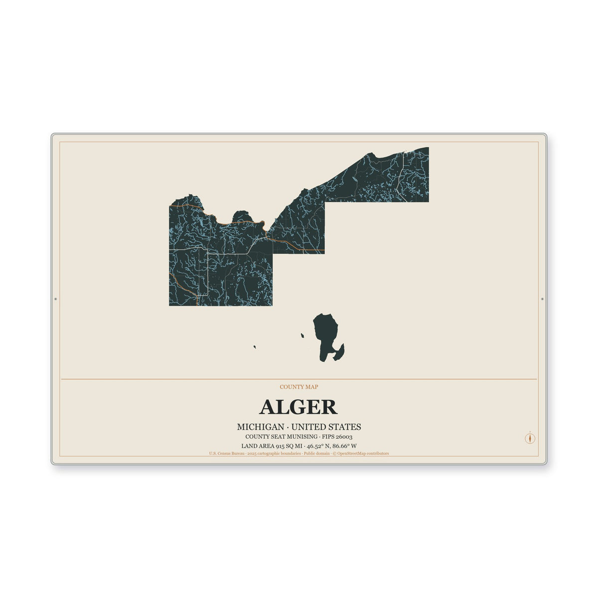 Alger County, Michigan Map Aluminum Sign in Headline Atlas style