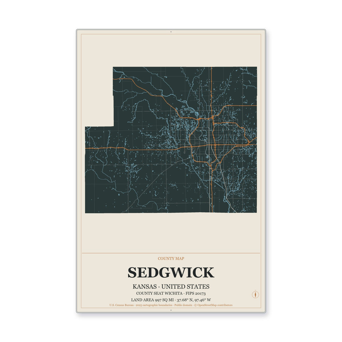 Sedgwick County, Kansas Map Aluminum Sign in Headline Atlas style