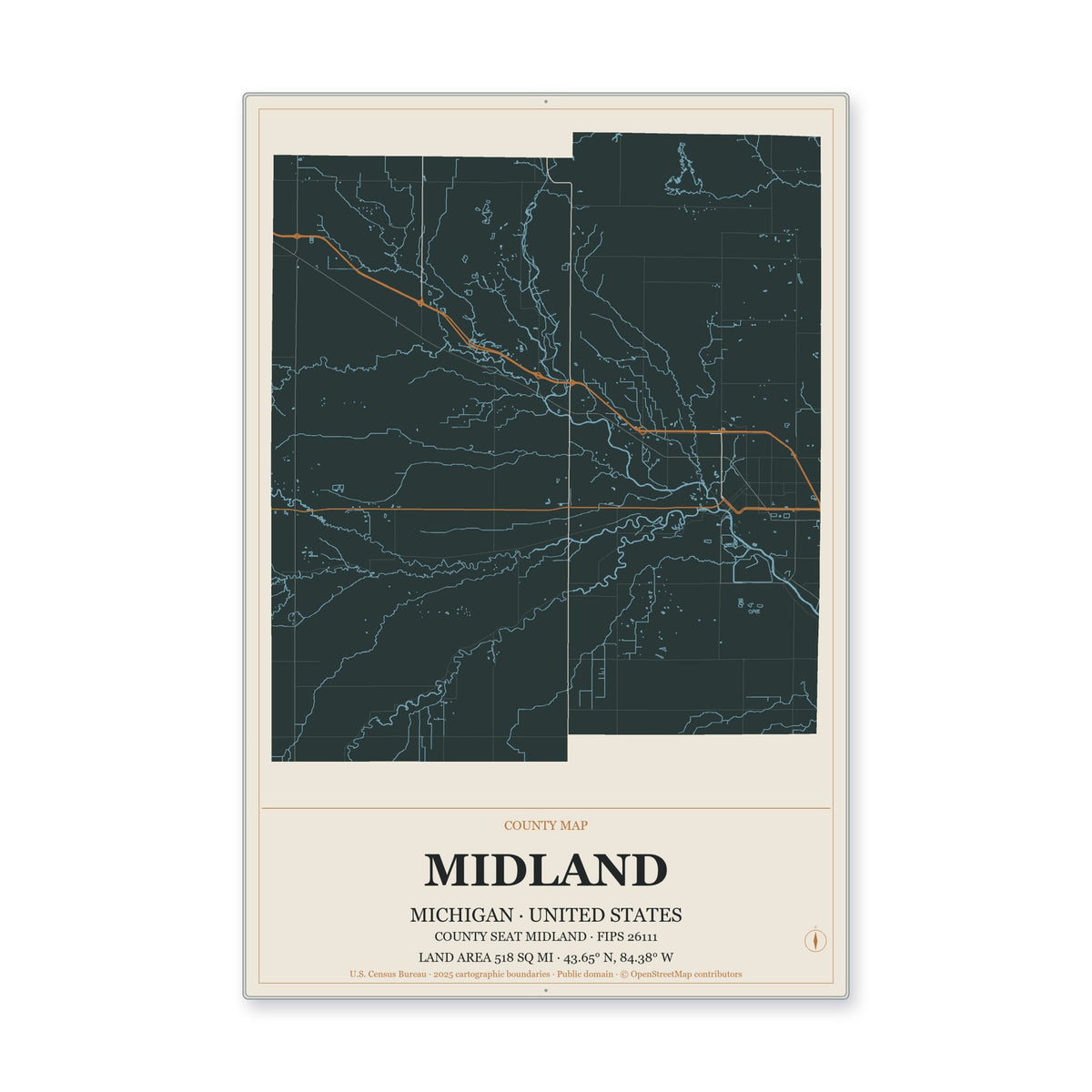 Midland County, Michigan Map Aluminum Sign in Headline Atlas style