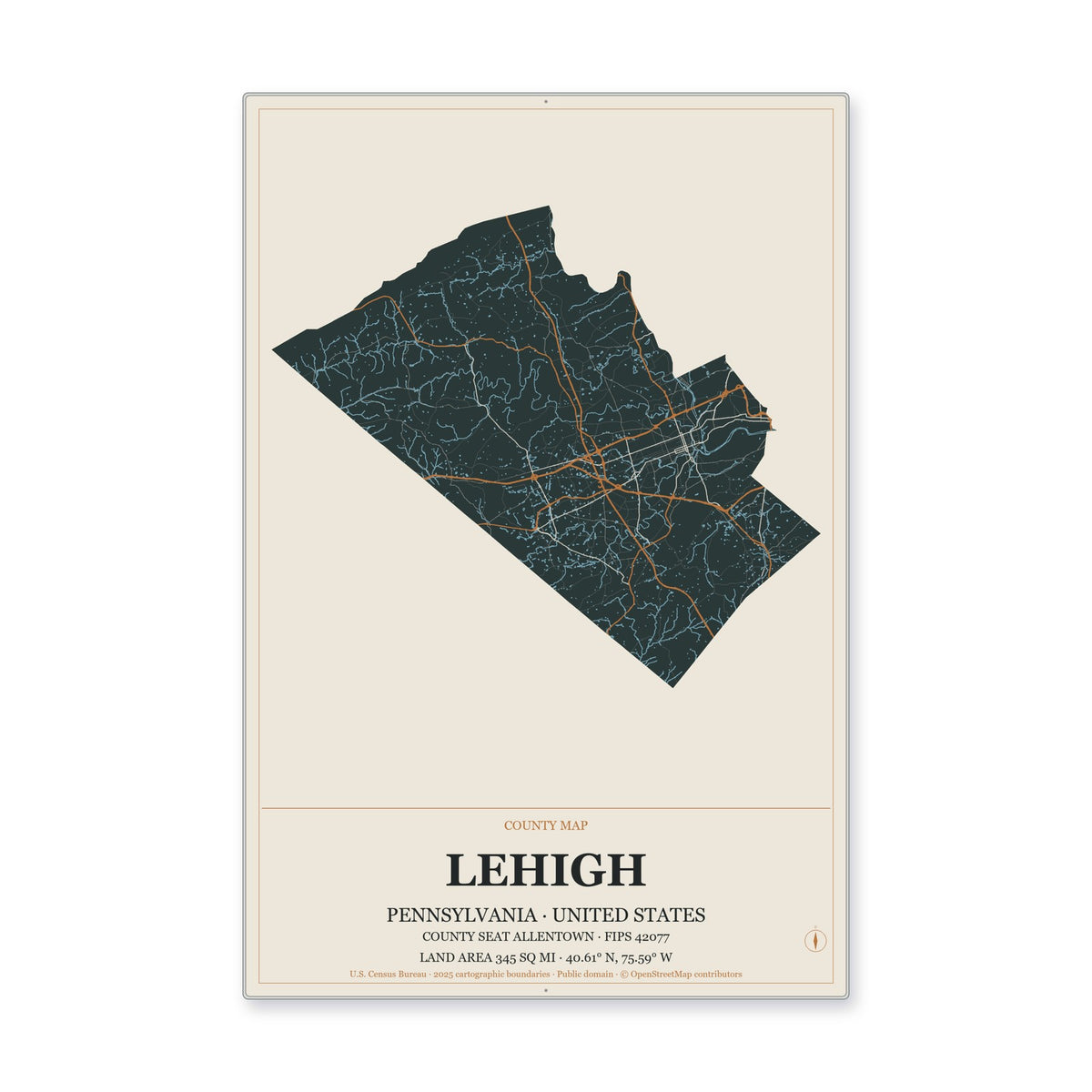 Lehigh County, Pennsylvania Map Aluminum Sign in Headline Atlas style