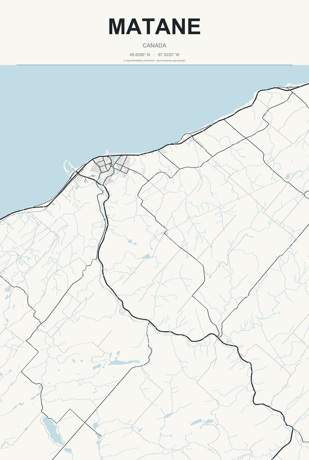 Matane, Canada City Map Aluminum Sign in Headline Atlas style