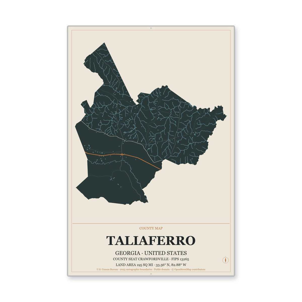 Taliaferro County, Georgia Map Aluminum Sign in Headline Atlas style