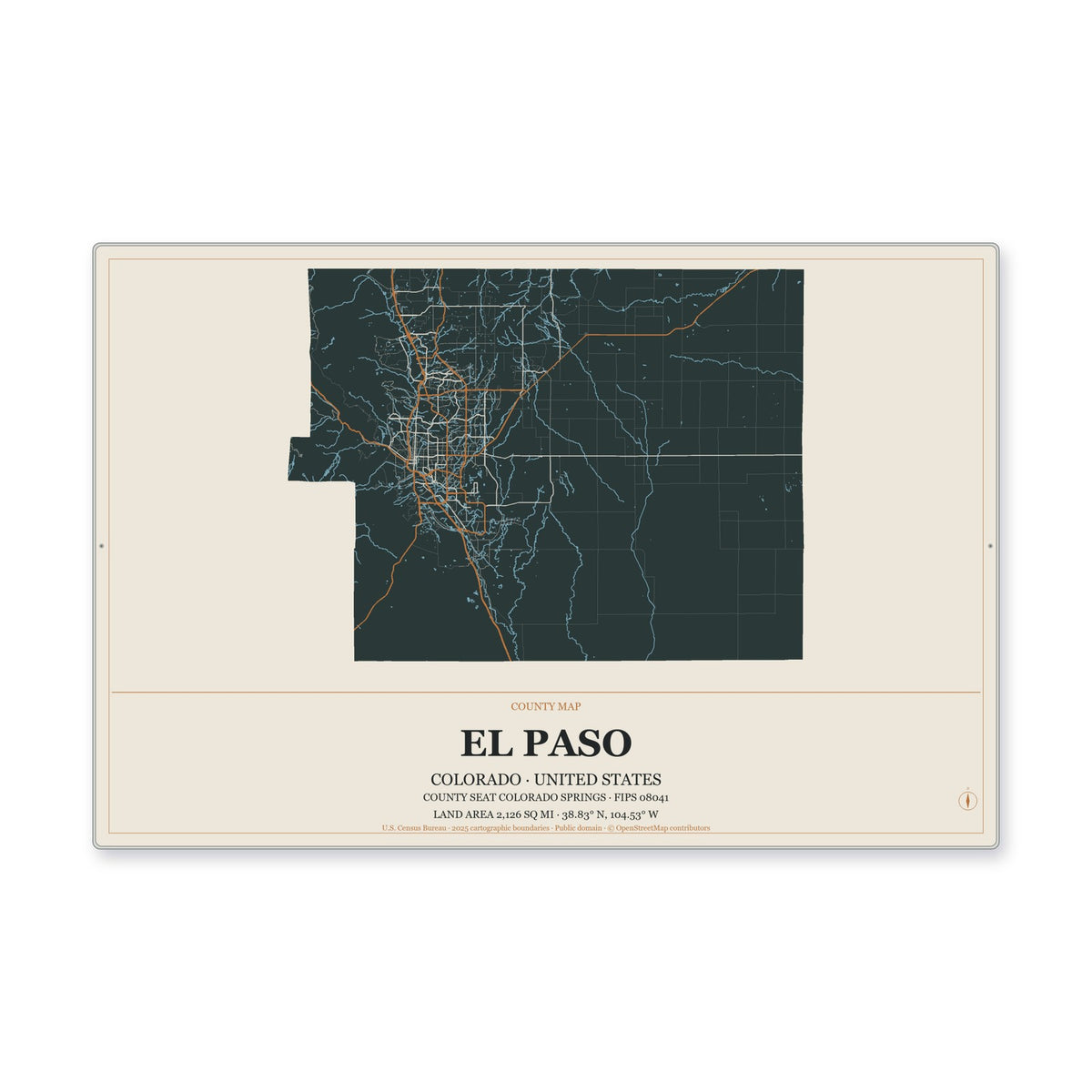 El Paso County, Colorado Map Aluminum Sign in Headline Atlas style