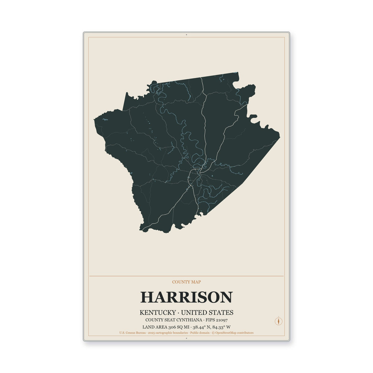 Harrison County, Kentucky Map Aluminum Sign in Headline Atlas style