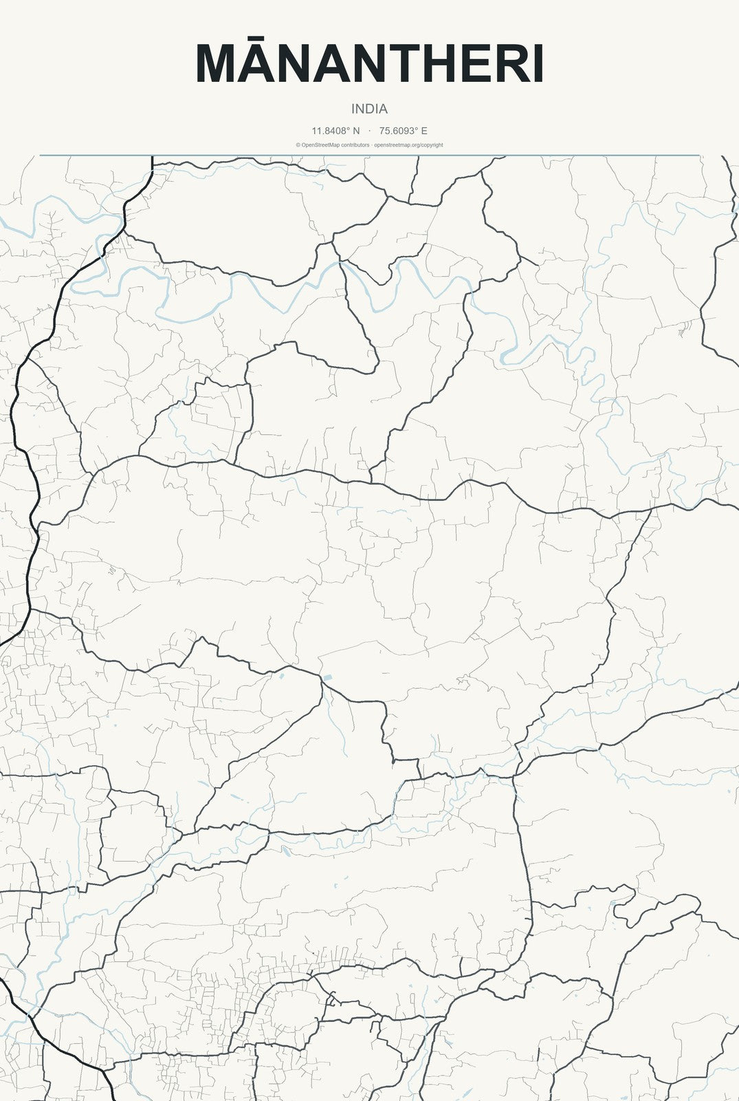 Mānantheri, India City Map Aluminum Sign in Headline Atlas style