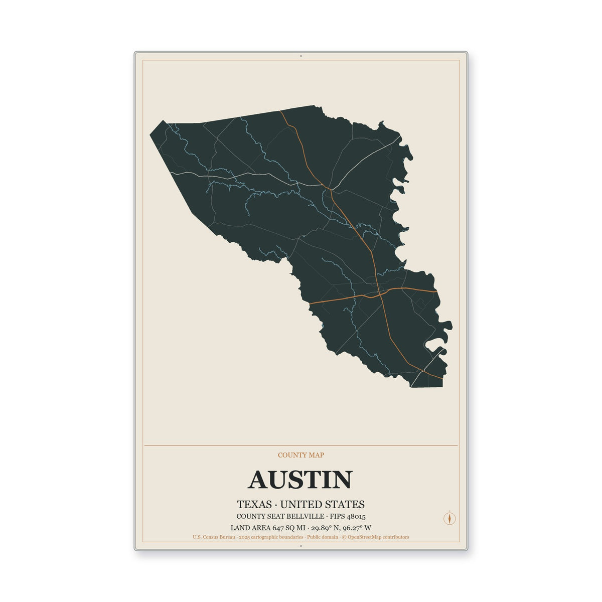 Austin County, Texas Map Aluminum Sign in Headline Atlas style