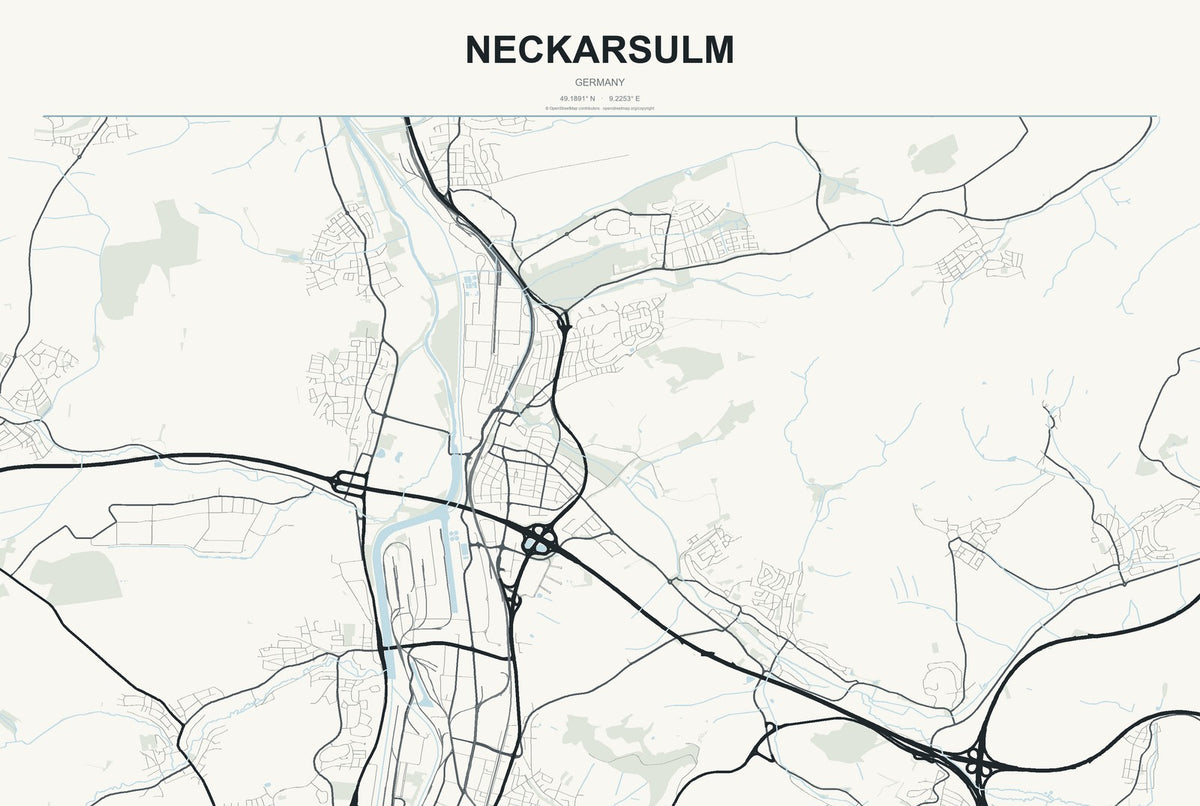 Neckarsulm, Germany City Map Aluminum Sign in Headline Atlas style
