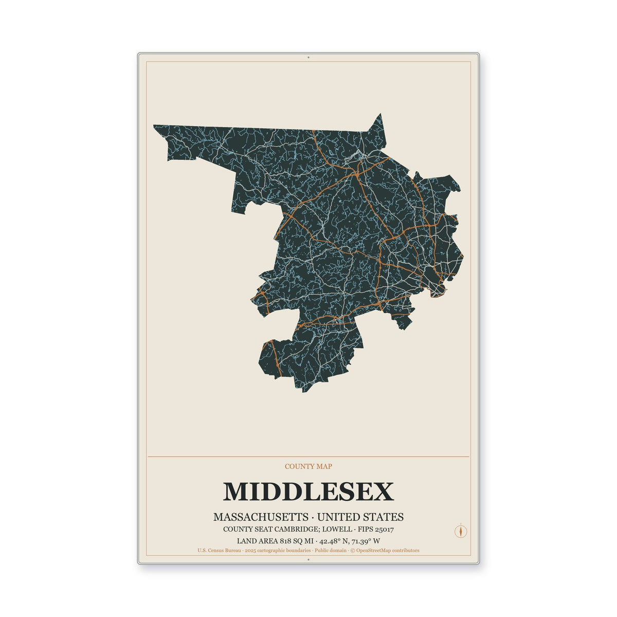 Middlesex County, Massachusetts Map Aluminum Sign in Headline Atlas style