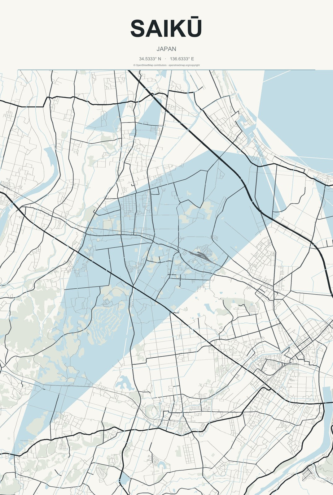 Saikū, Japan City Map Aluminum Sign in Headline Atlas style