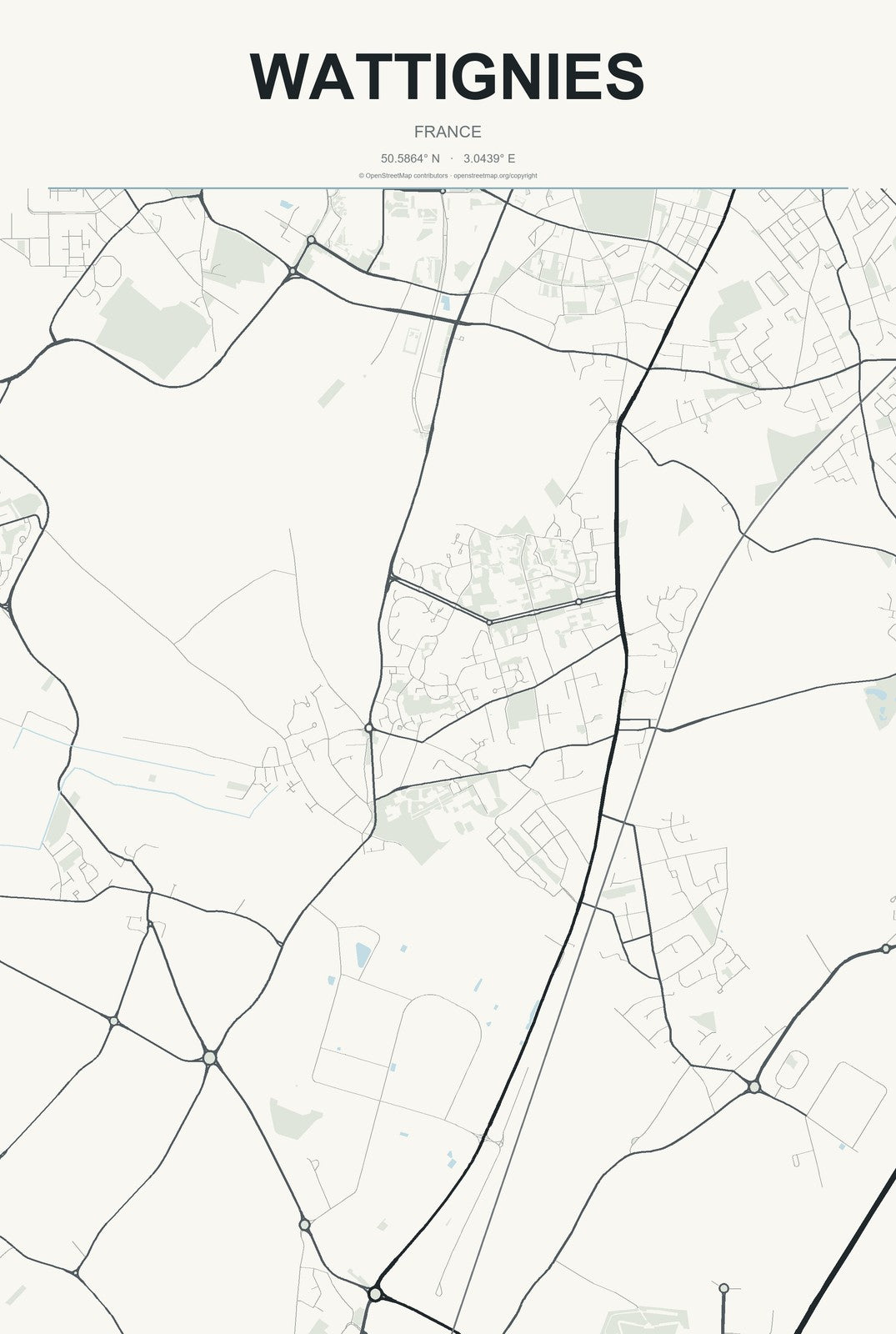 Wattignies, France City Map Aluminum Sign in Headline Atlas style