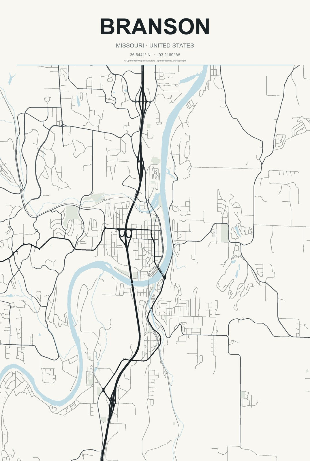 Branson, Missouri City Map Aluminum Sign in Headline Atlas style