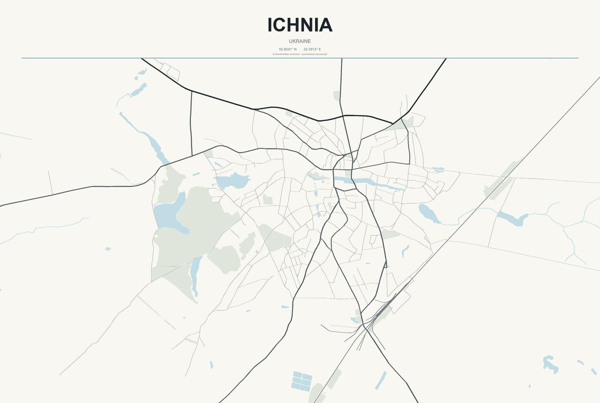 Ichnia, Ukraine City Map Aluminum Sign in Headline Atlas style