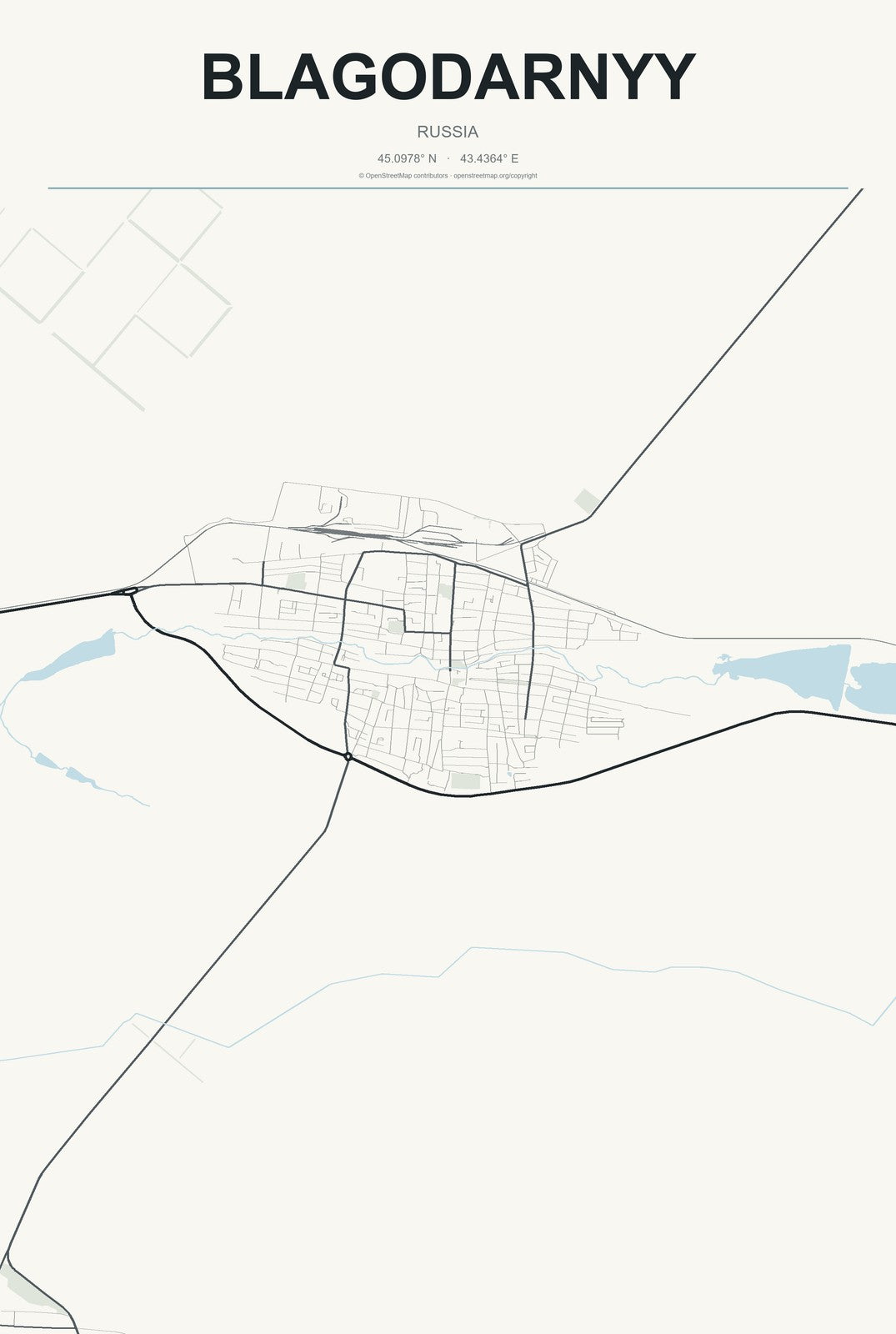 Blagodarnyy, Russia City Map Aluminum Sign in Headline Atlas style