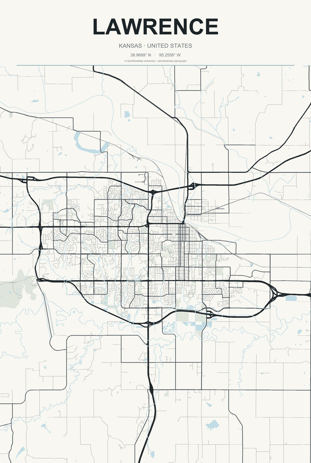 Lawrence, Kansas City Map Aluminum Sign in Headline Atlas style