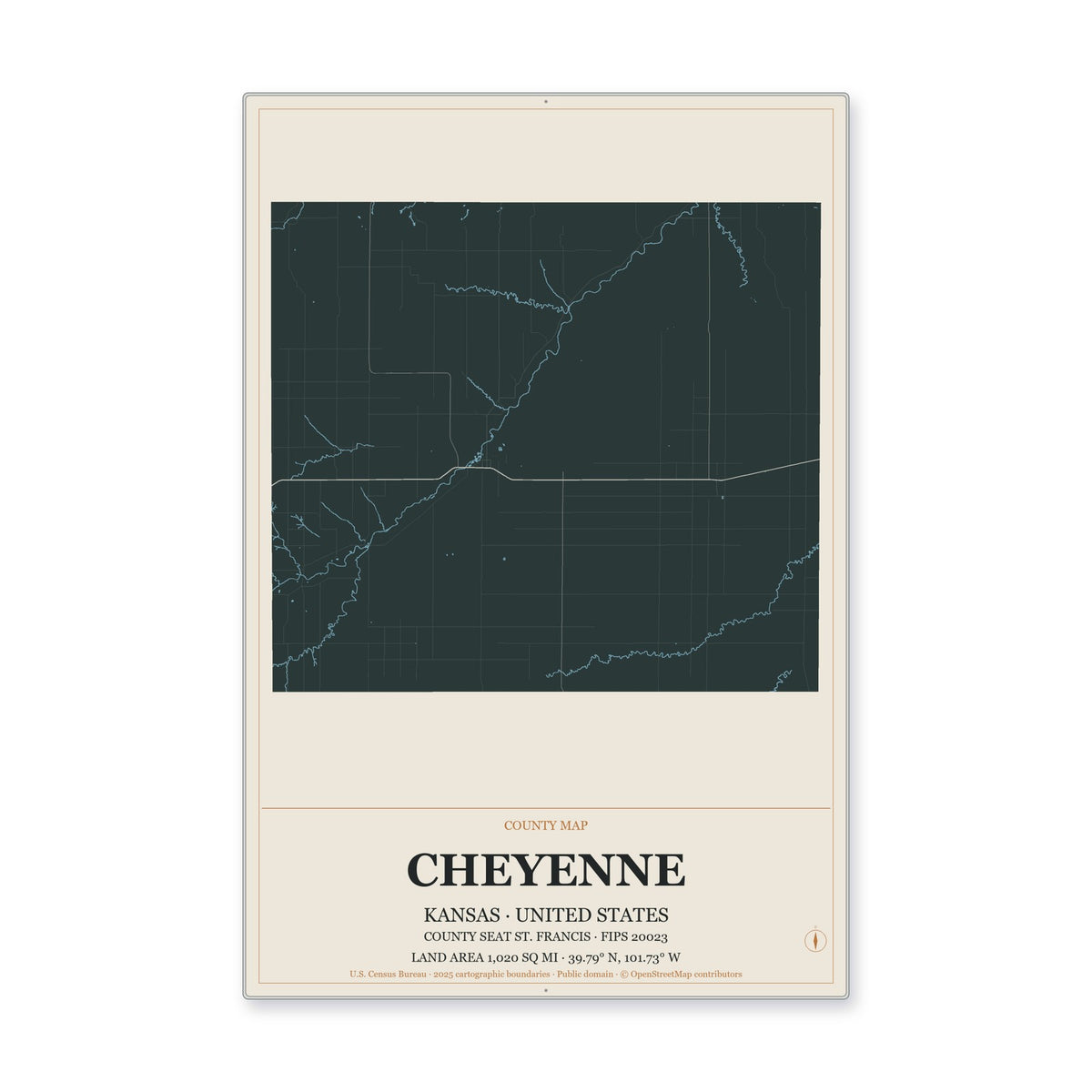 Cheyenne County, Kansas Map Aluminum Sign in Headline Atlas style