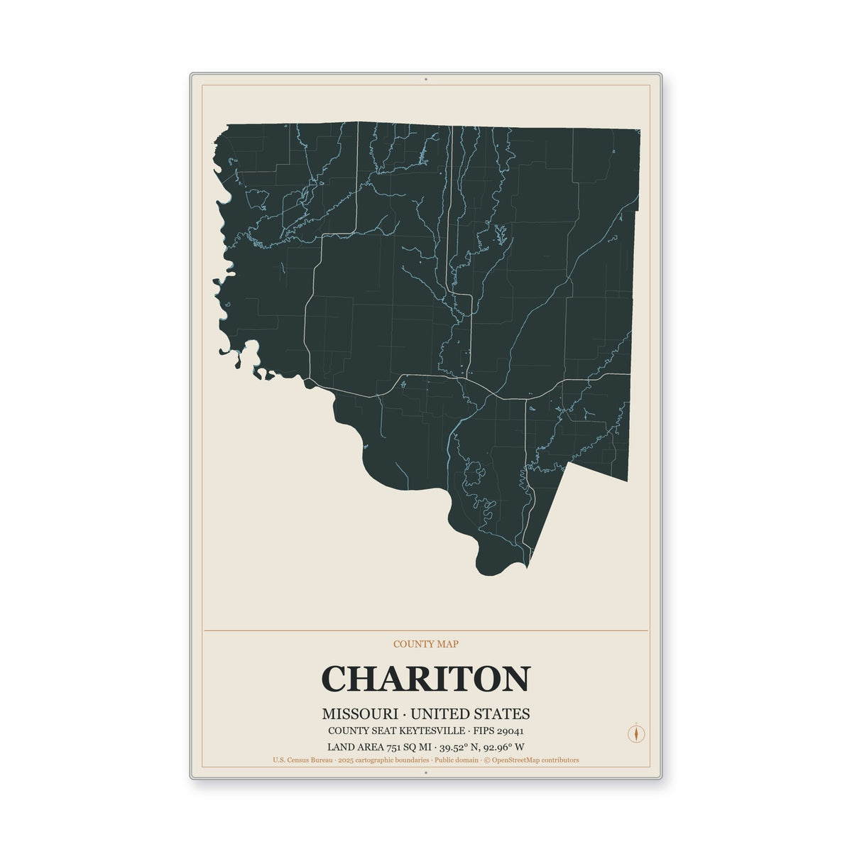 Chariton County, Missouri Map Aluminum Sign in Headline Atlas style