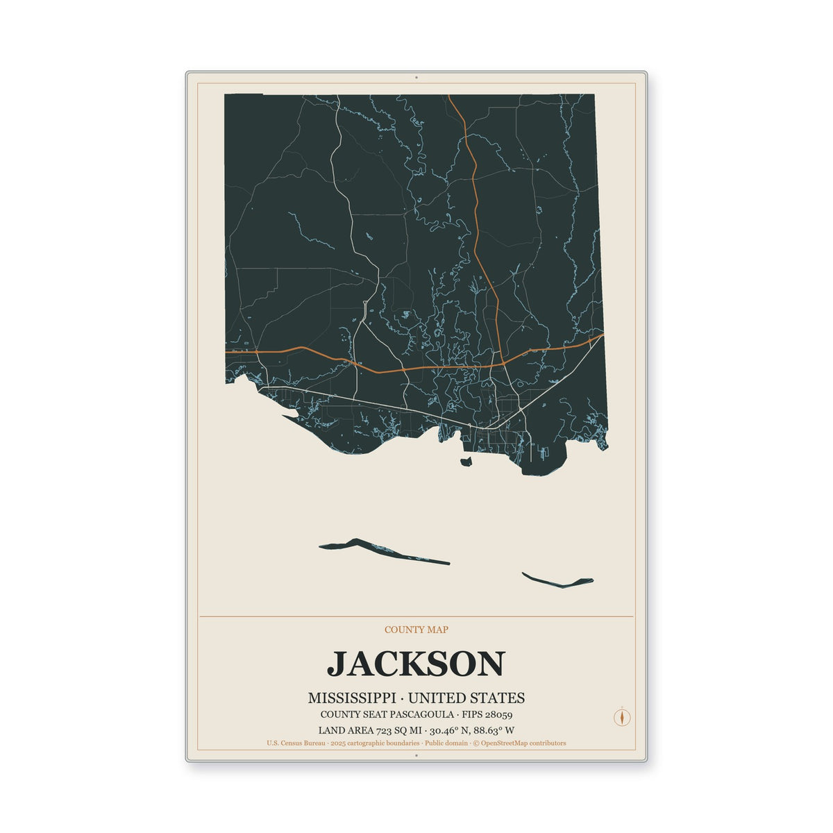Jackson County, Mississippi Map Aluminum Sign in Headline Atlas style