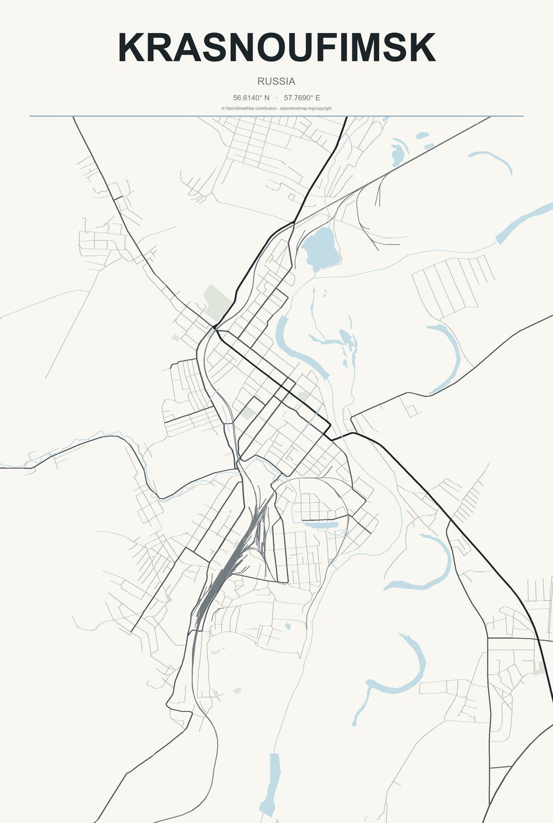 Krasnoufimsk, Russia City Map Aluminum Sign in Headline Atlas style