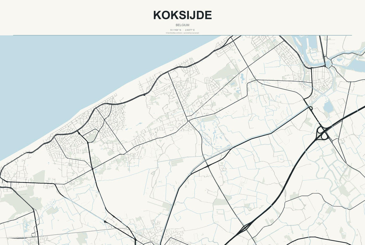 Koksijde, Belgium City Map Aluminum Sign in Headline Atlas style