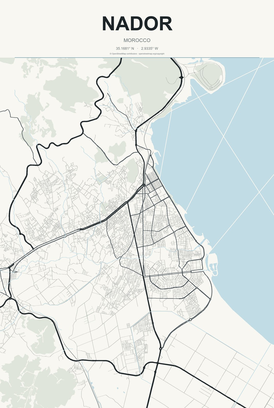 Nador, Morocco City Map Aluminum Sign in Headline Atlas style