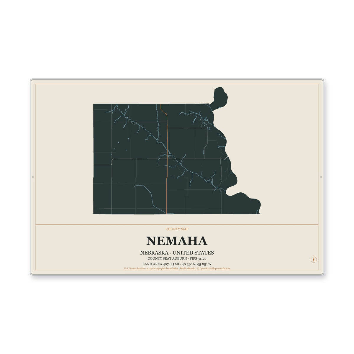 Nemaha County, Nebraska Map Aluminum Sign in Headline Atlas style