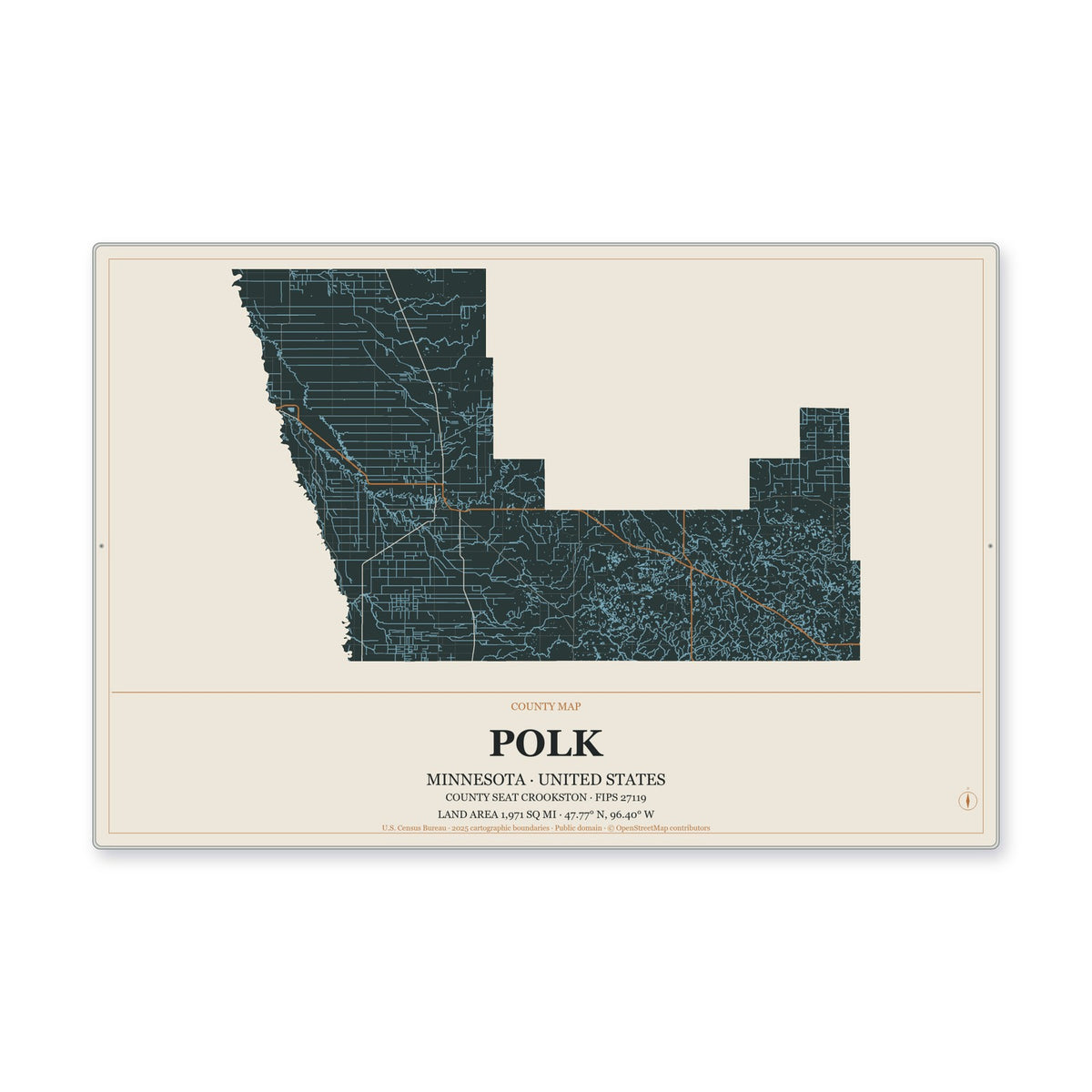 Polk County, Minnesota Map Aluminum Sign in Headline Atlas style