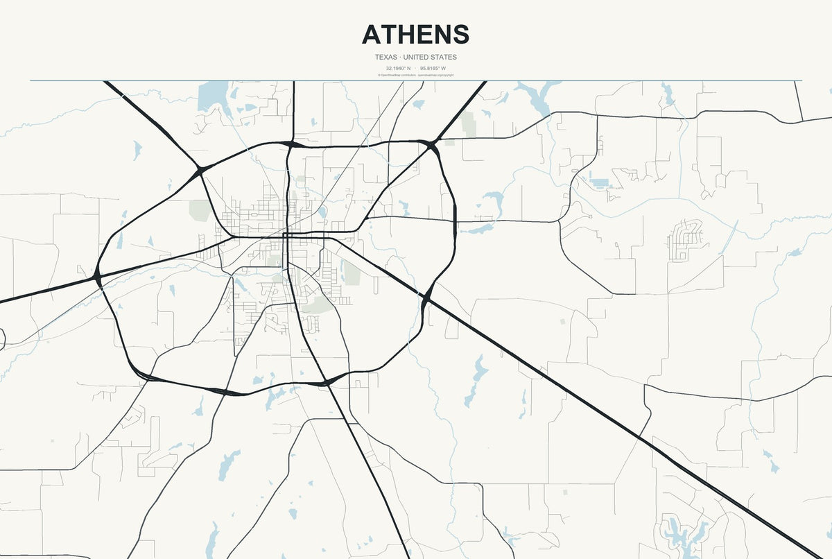 Athens, Texas City Map Aluminum Sign in Headline Atlas style