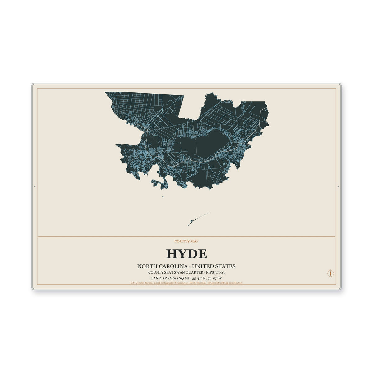 Hyde County, North Carolina Map Aluminum Sign in Headline Atlas style