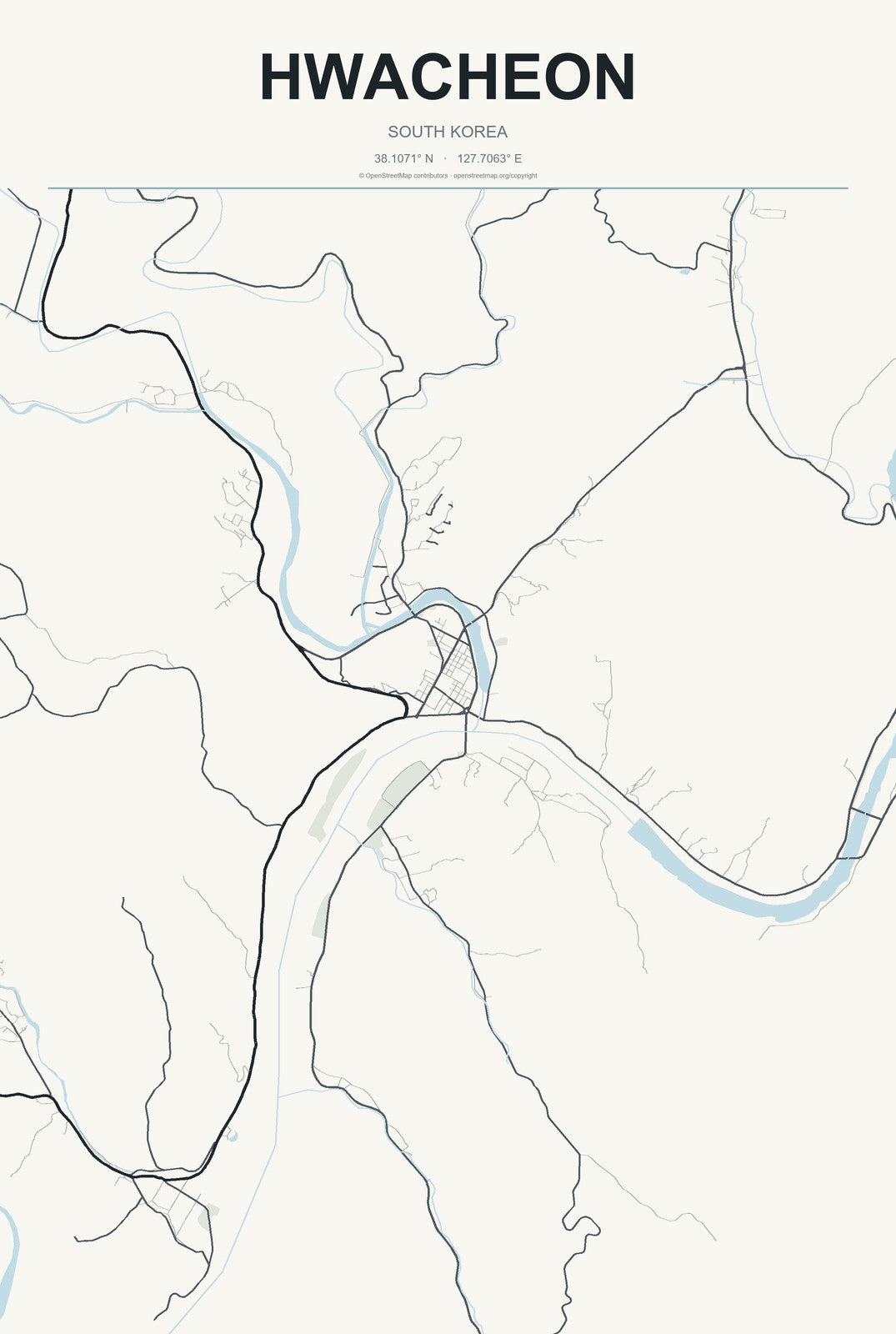 Hwacheon, South Korea City Map Aluminum Sign in Headline Atlas style