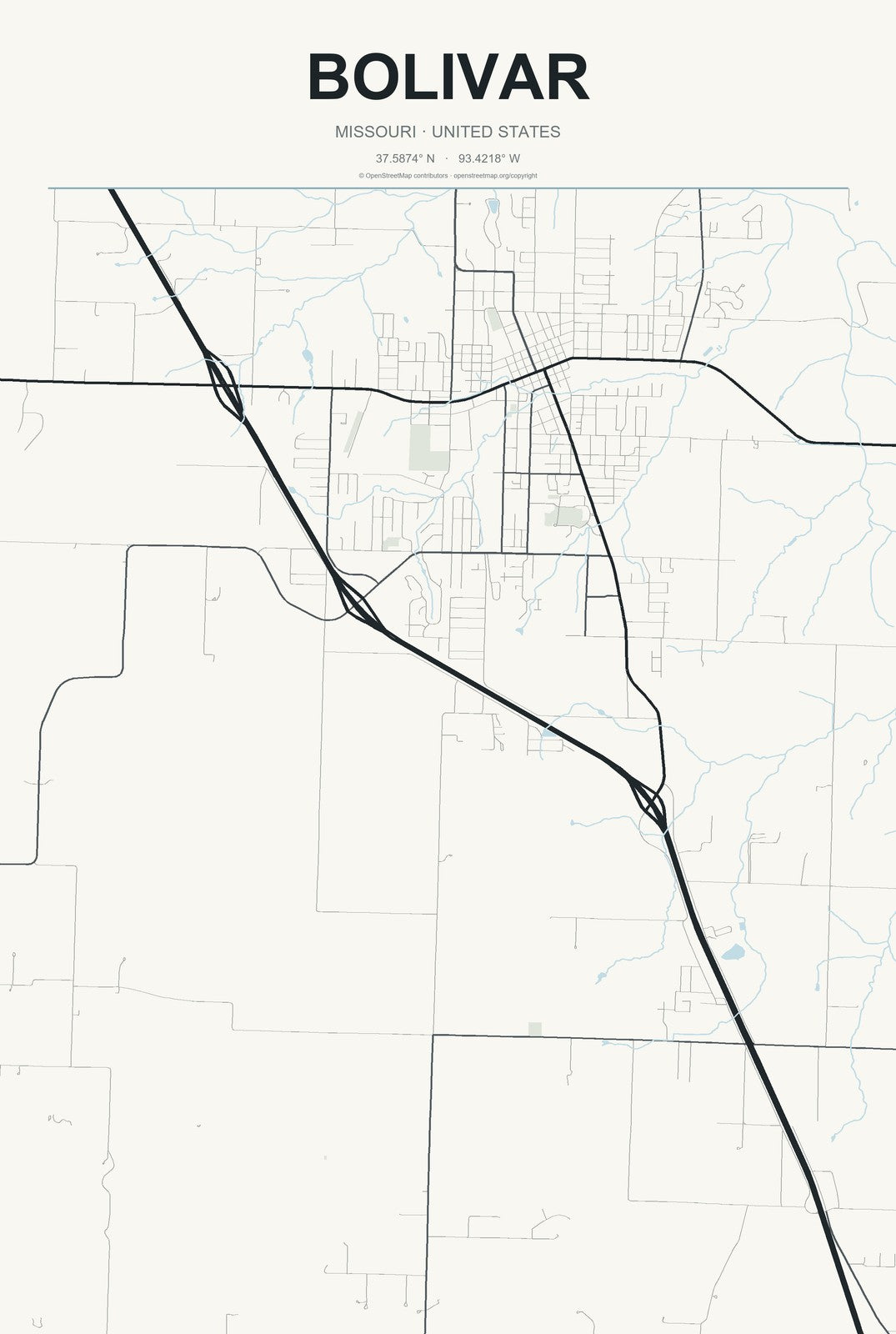 Bolivar, Missouri City Map Aluminum Sign in Headline Atlas style