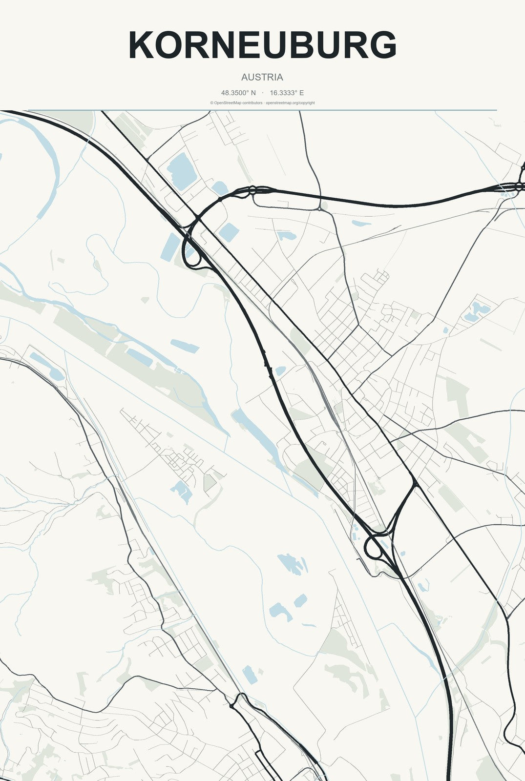 Korneuburg, Austria City Map Aluminum Sign in Headline Atlas style