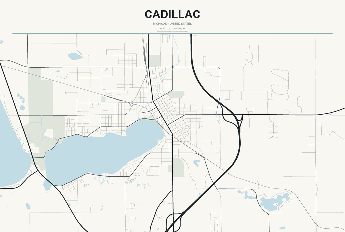 Cadillac, Michigan City Map Aluminum Sign in Headline Atlas style
